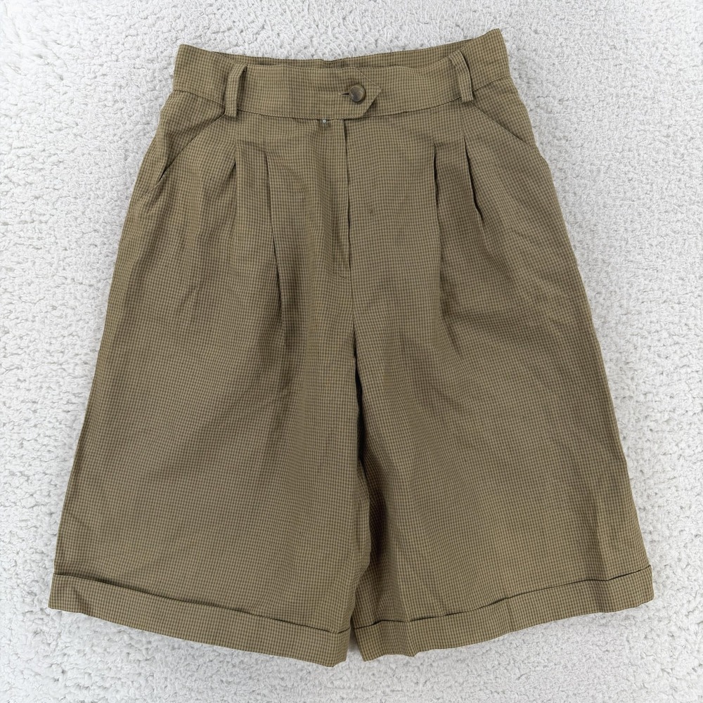 Max Mara Brown Check Linen Bermuda Shorts Womens 10 Pleated Cuffed Italy